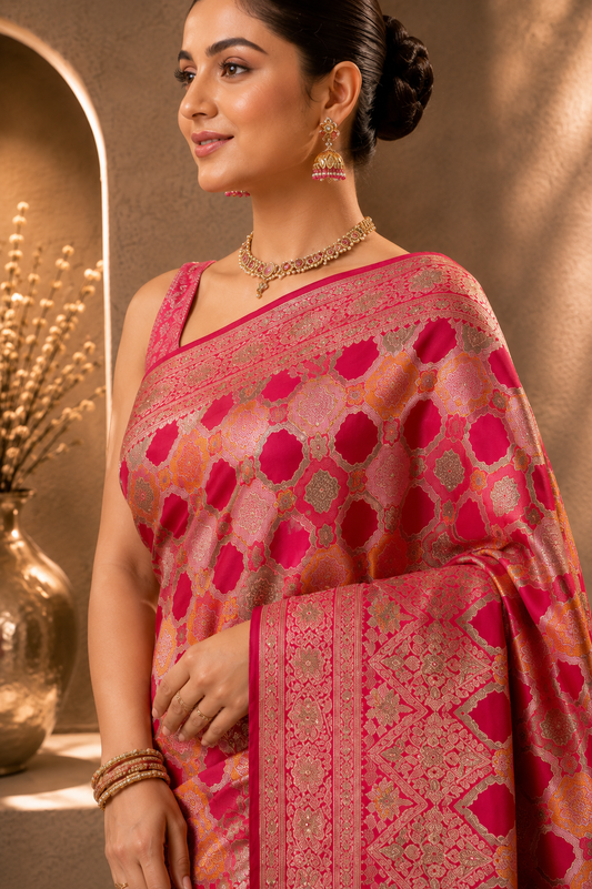 luxurious Rani Pink Banarasi-style Saree
