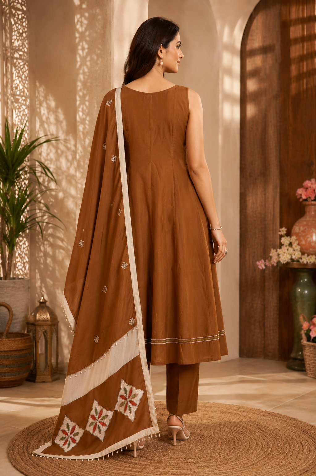 Coffee Brown Embroidered A-Line Kurta Set