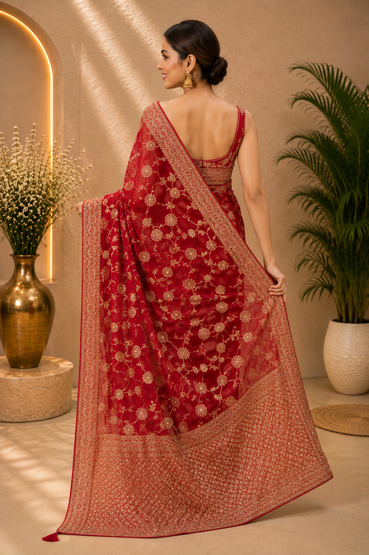 Royal Red Embroidered Designer Saree