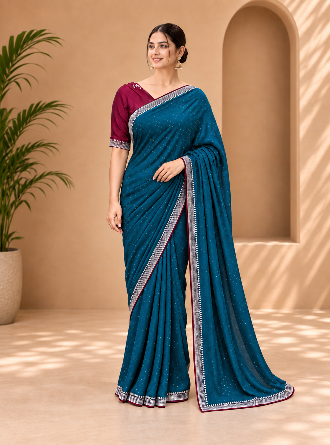 Peacock Blue Embellished Saree vichitra fabric with Silver Border and Wine Blouse 9930