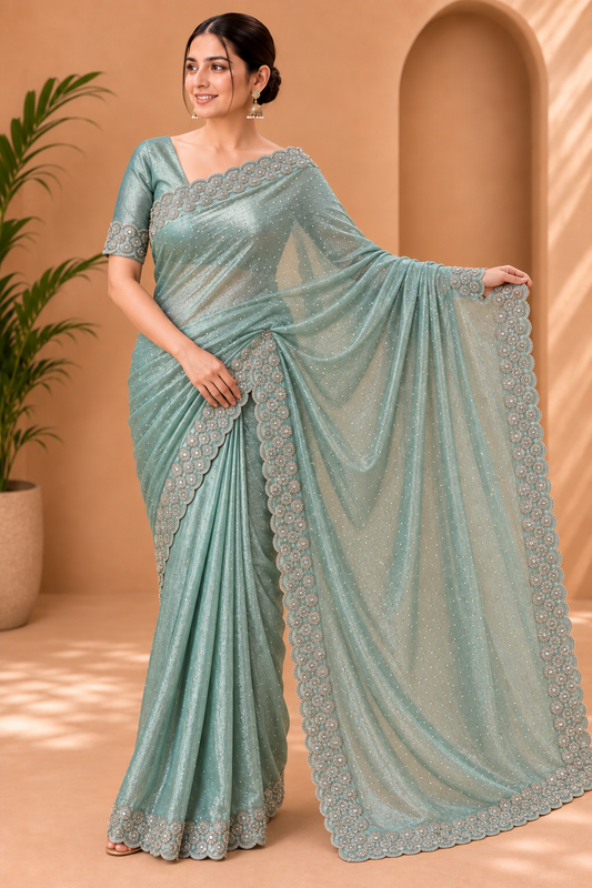 Mint Green Shimmer Saree with Scalloped Golden Border 9922