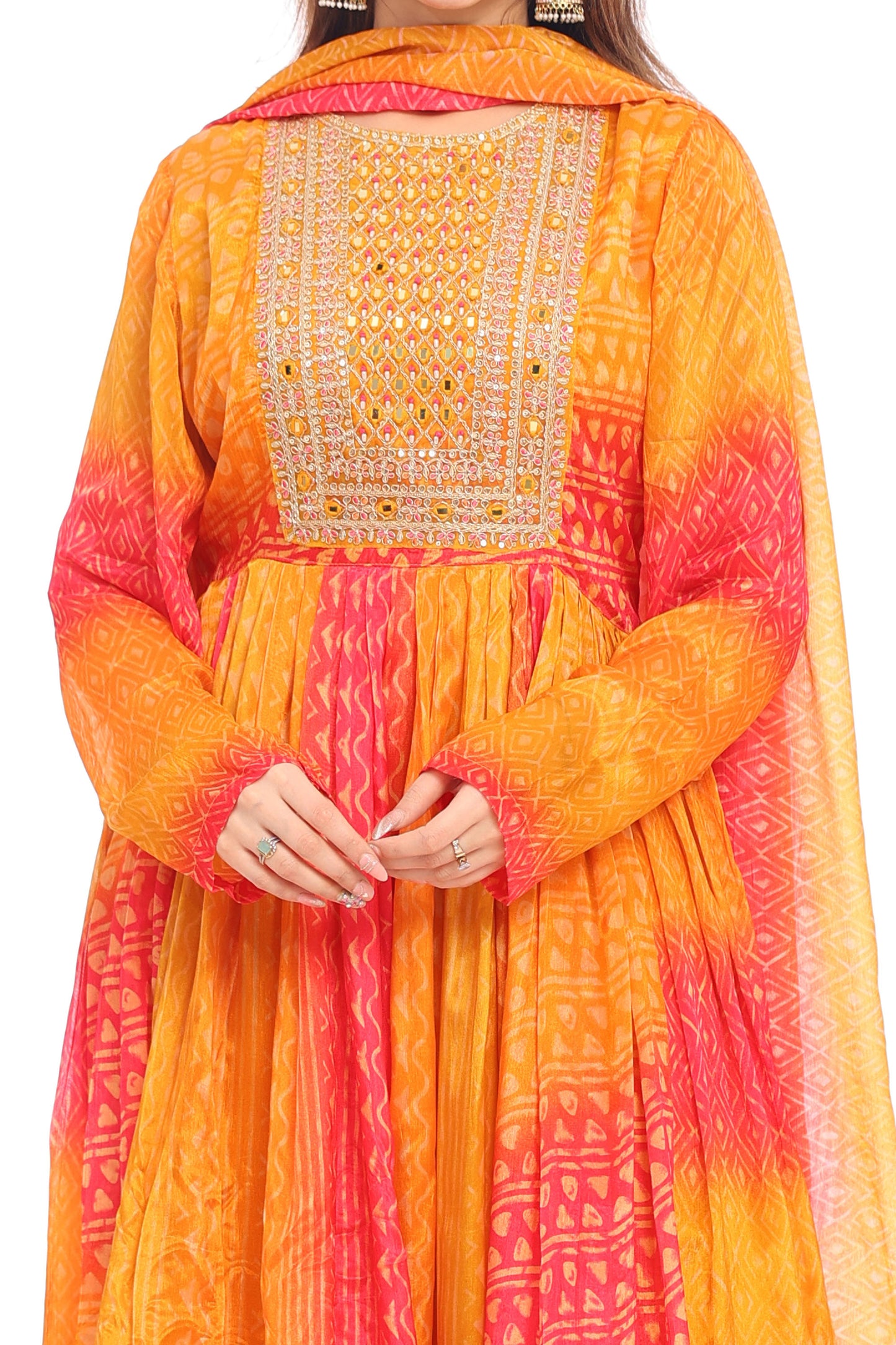 Festive Radiance Orange-Pink Bandhani Anarkali Suit Set for Women | Mirror Work Yoke | Dupatta & Pants