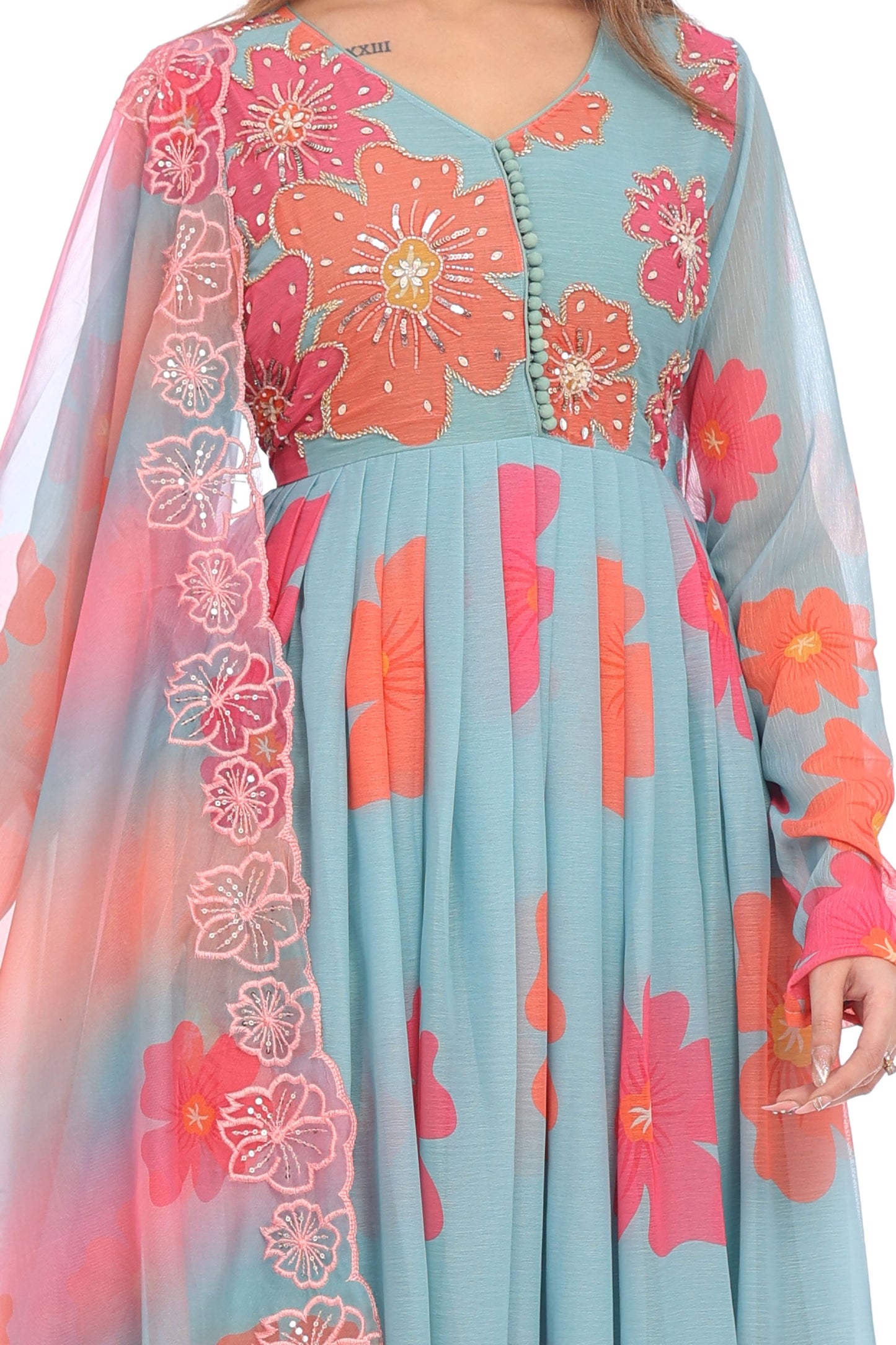 Pastel Blue Floral Anarkali Set with Embroidered Dupatta