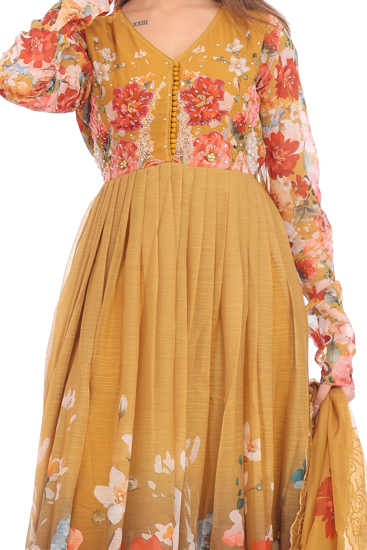 Mustard Yellow Floral Anarkali Set with Embroidered Dupatta