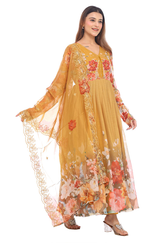 Mustard Yellow Floral Anarkali Set with Embroidered Dupatta