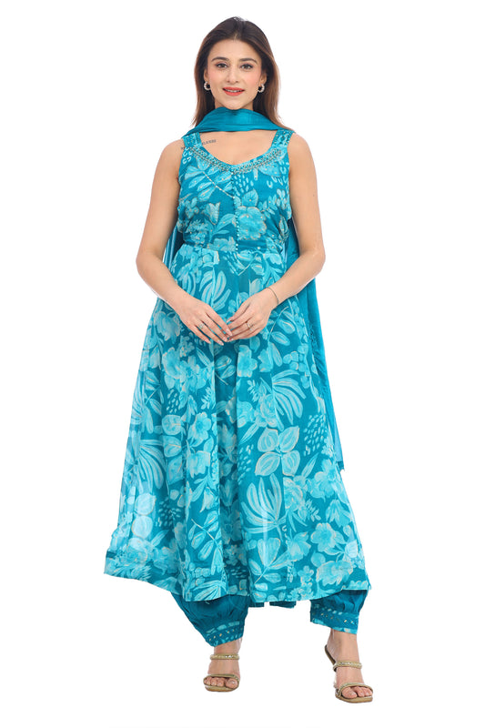 Floral Teal Blue Sleeveless Anarkali with Draped Bottom & Dupatta