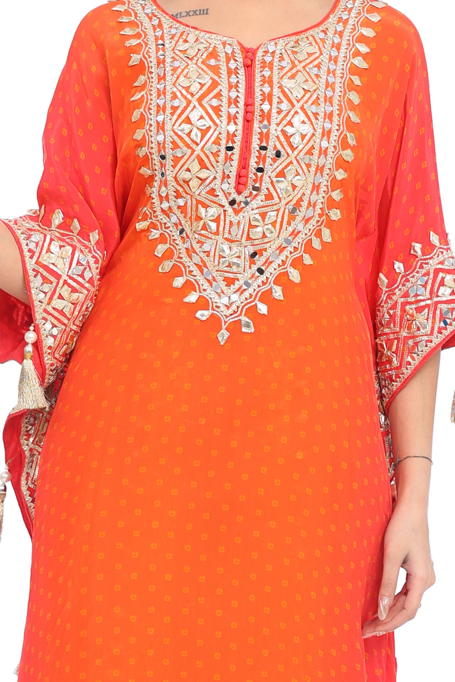 Elegant Orange-Red Designer Kurta Set with Embroidery & Tassels