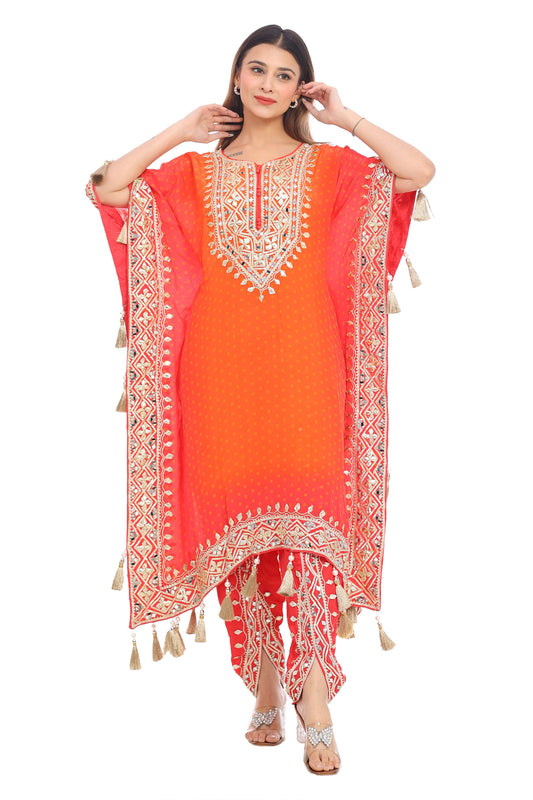 Elegant Orange-Red Designer Kurta Set with Embroidery & Tassels