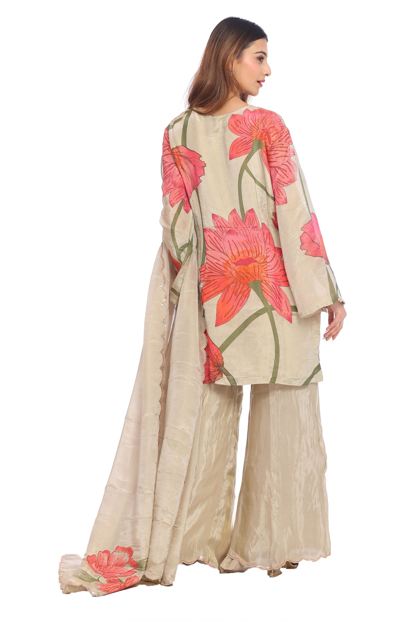 Elegant Beige Floral Embroidered Suit Set