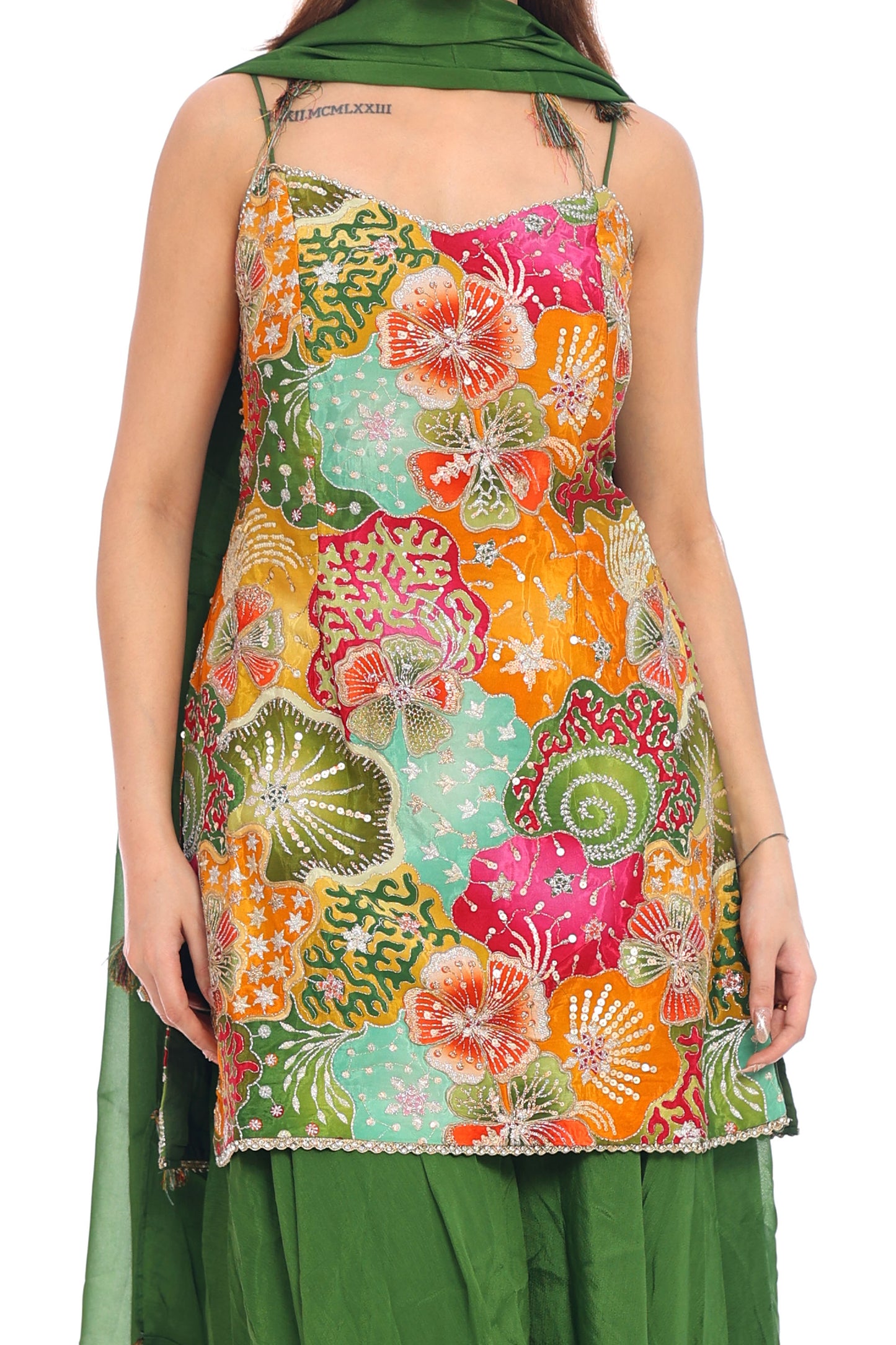 Vibrant Multicolor Printed Sharara Set with Green Dupatta
