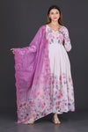 White & Lavender Floral Anarkali Suit with Embroidered Magenta Dupatta