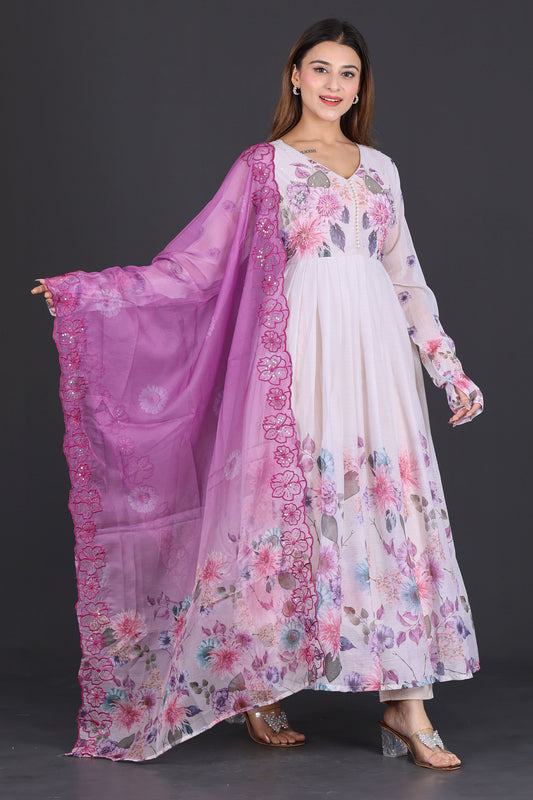 White & Lavender Floral Anarkali Suit with Embroidered Magenta Dupatta