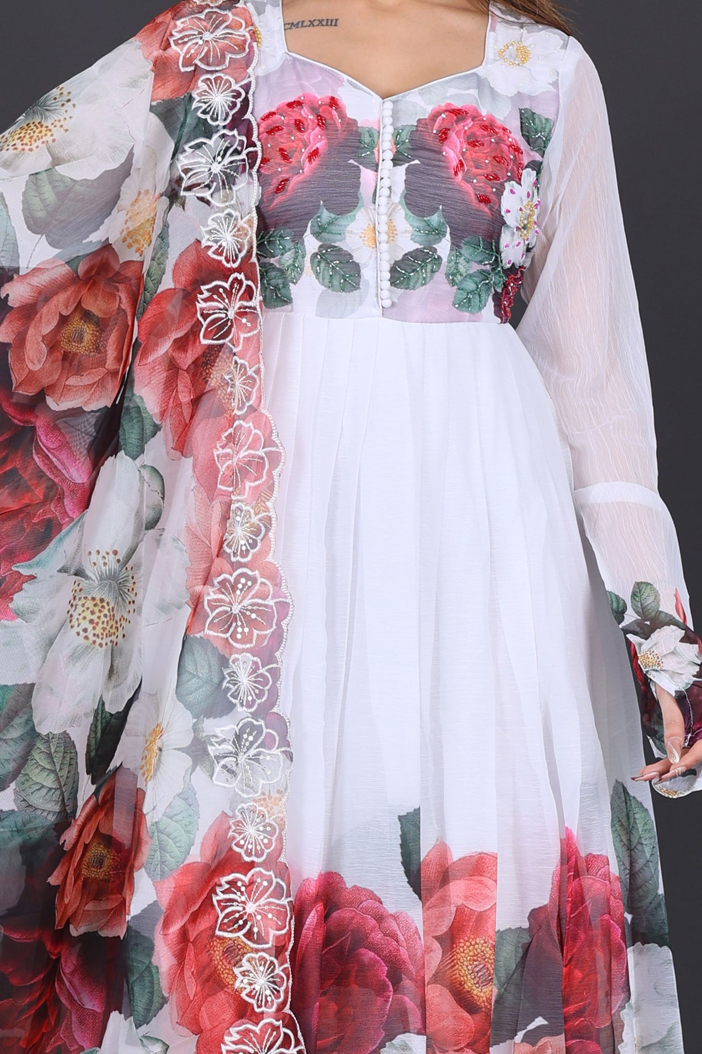 Elegant White Floral Anarkali Suit with Dupatta – Perfect for Festive & Special Occasions