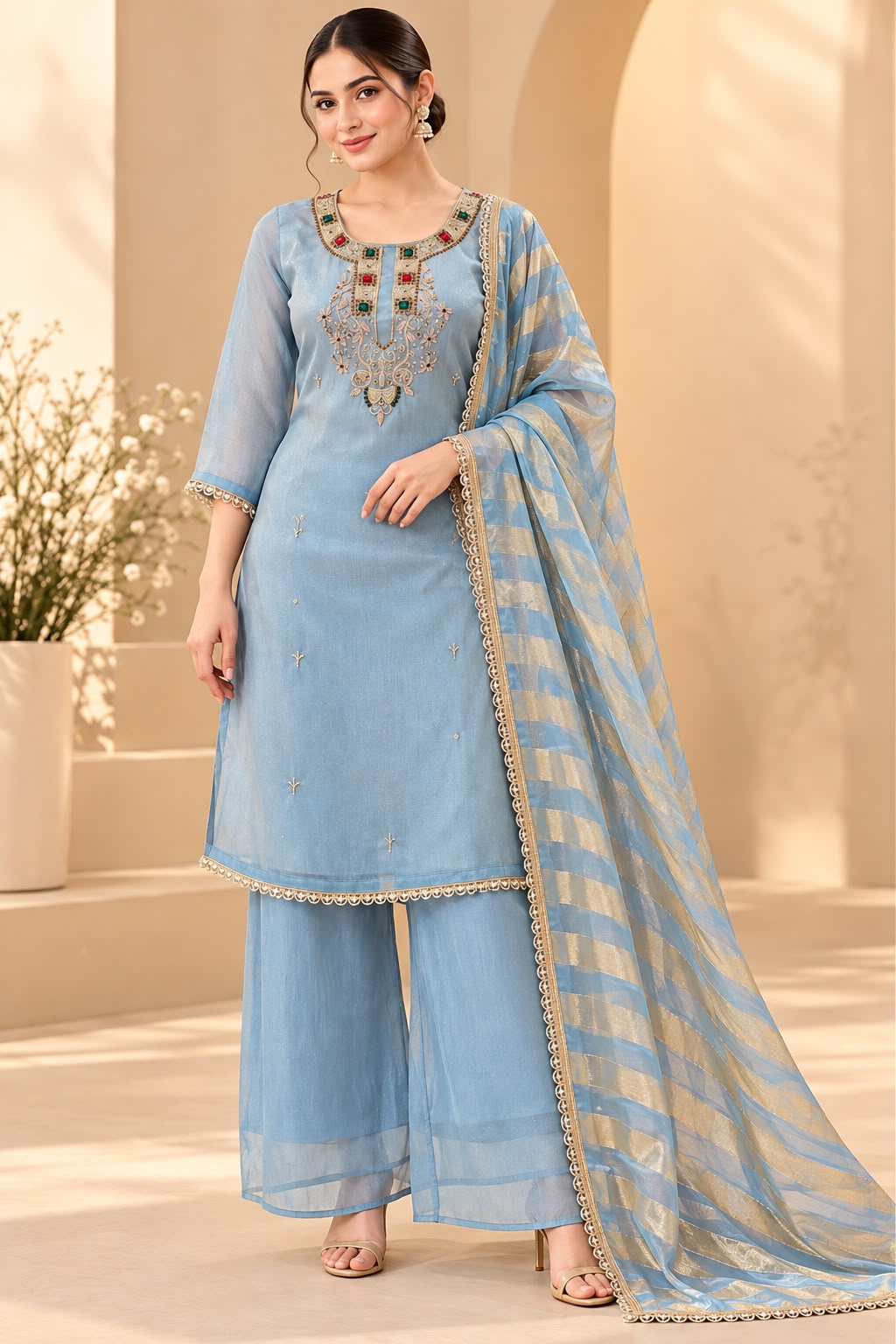 Powder Blue Embroidered Kurta Palazzo Set with Striped Dupatta for Women