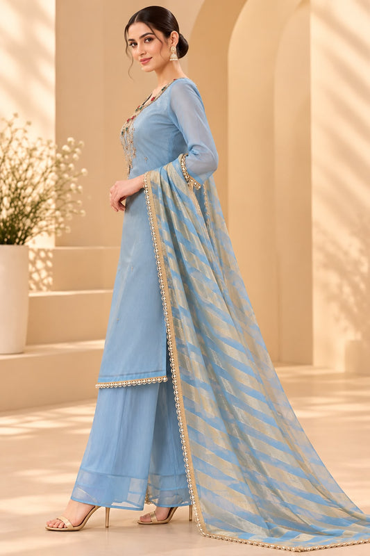 Powder Blue Embroidered Kurta Palazzo Set with Striped Dupatta for Women