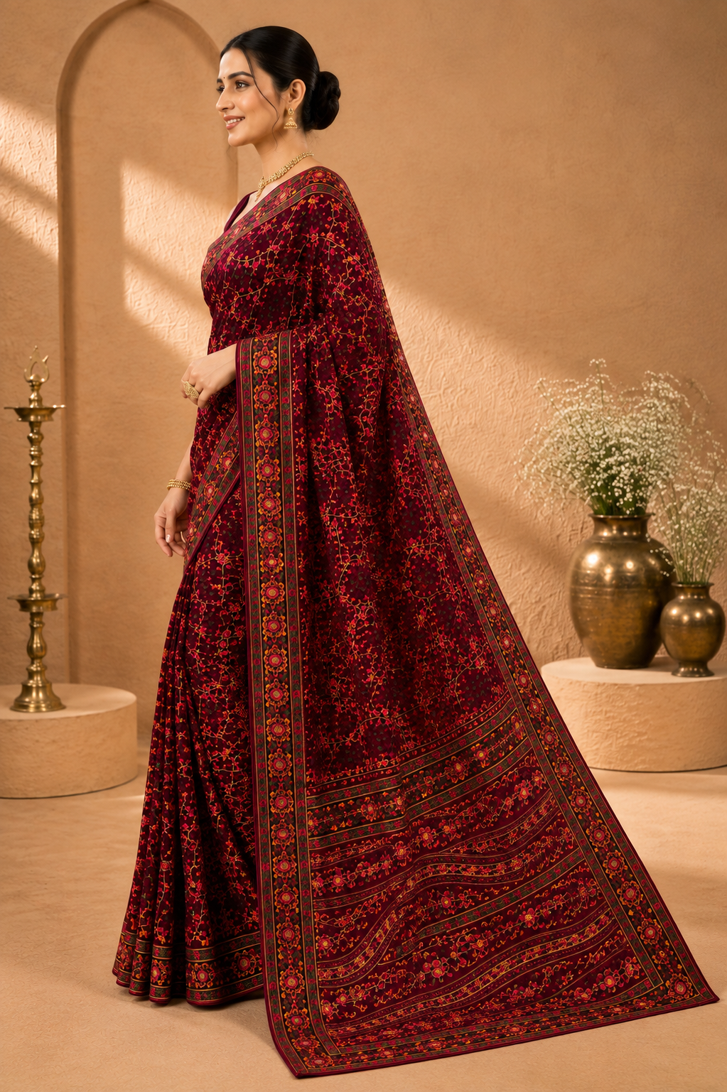 Premium Wine Maroon Floral Embroidered Saree