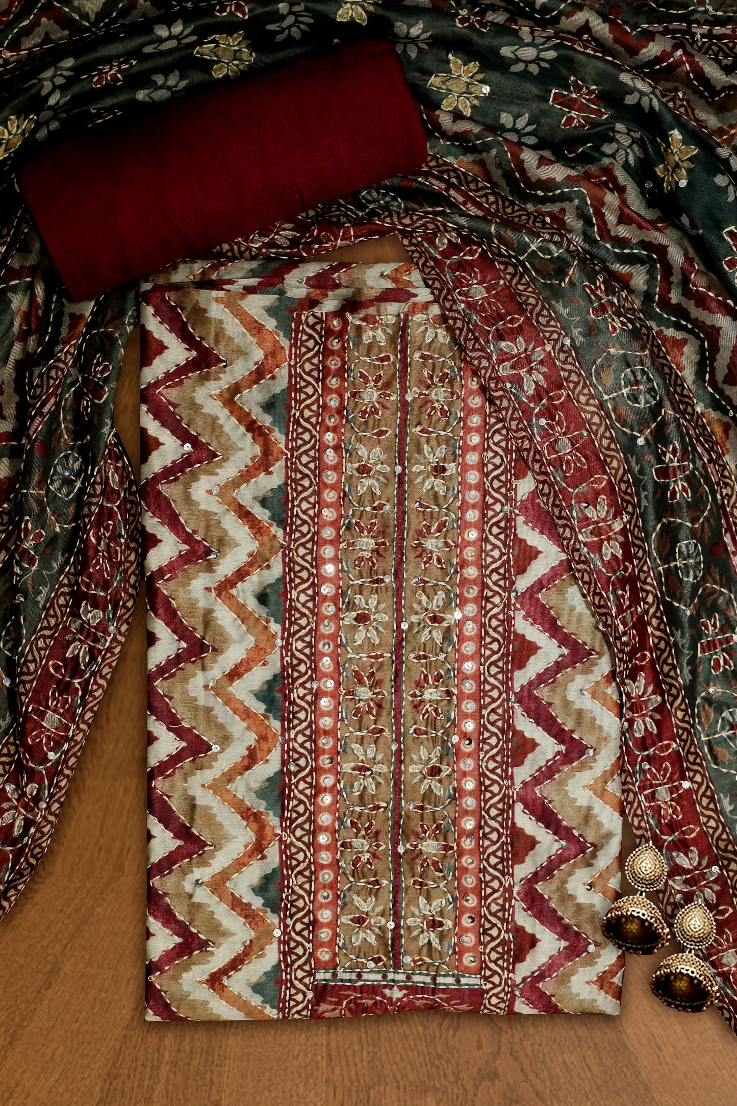Elegant Maroon & Multicolour Printed Unstitched Suit Set