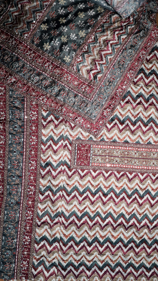Elegant Maroon & Multicolour Printed Unstitched Suit Set