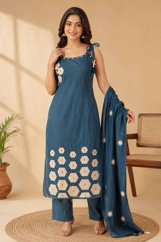 Premium Cotton Printed Kurta Set with Dupatta – Teal Blue