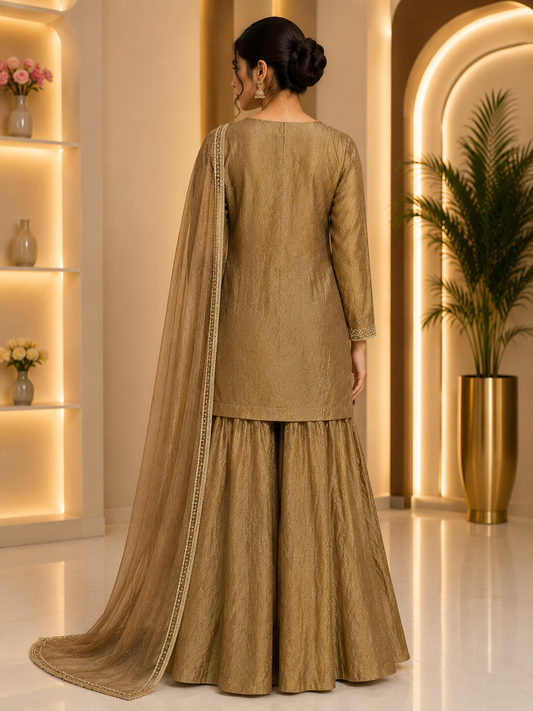 Bronze Gold Embroidered Sharara Suit Set