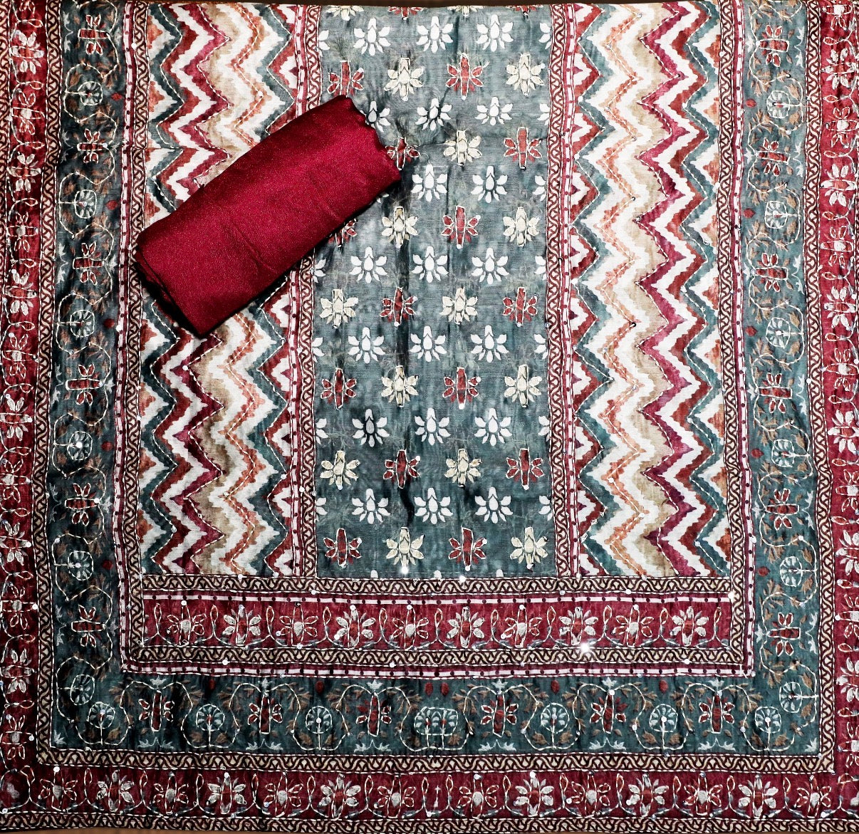 Elegant Maroon & Multicolour Printed Unstitched Suit Set