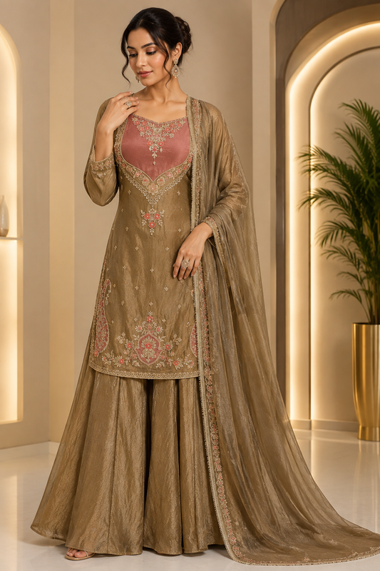 Bronze Gold Embroidered Sharara Suit Set