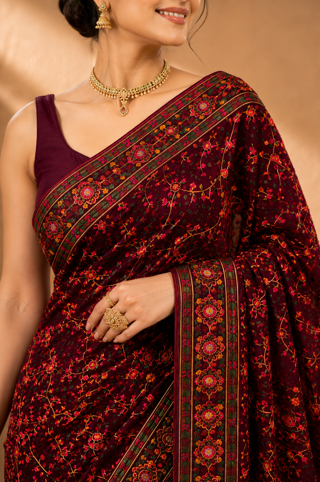 Premium Wine Maroon Floral Embroidered Saree