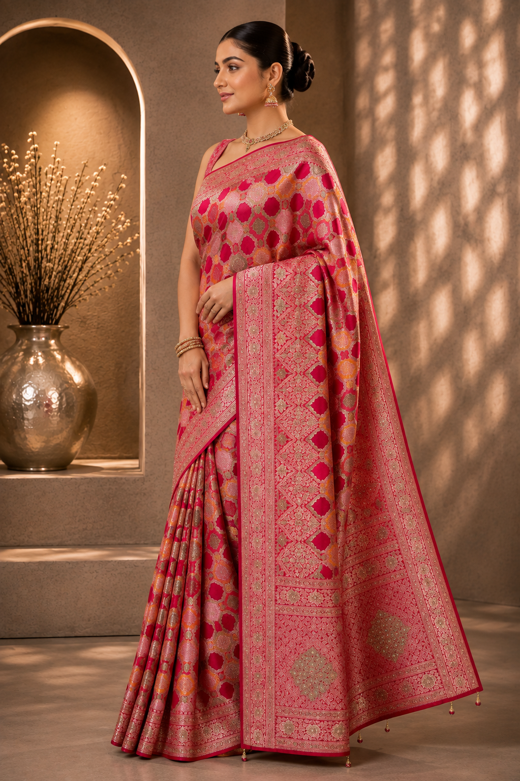 luxurious Rani Pink Banarasi-style Saree