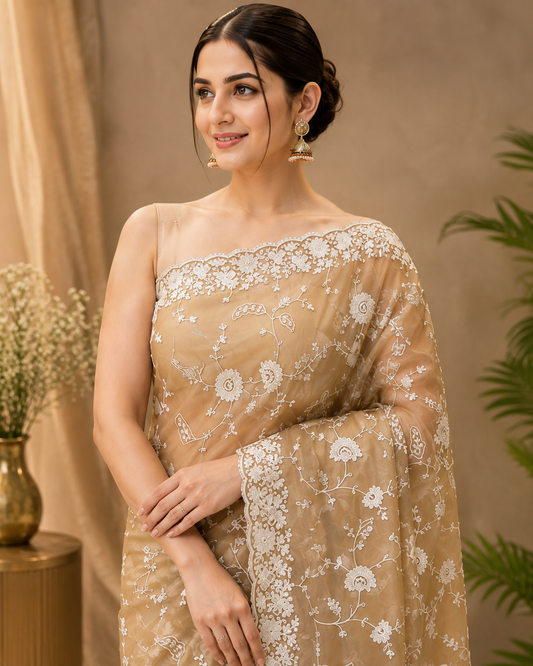 Elegant beige-gold embroidered saree