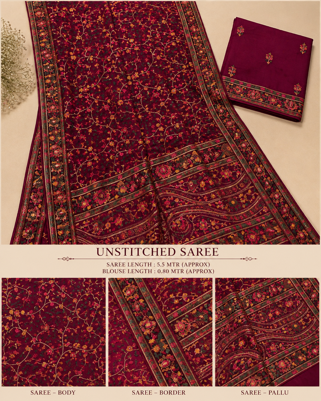Premium Wine Maroon Floral Embroidered Saree