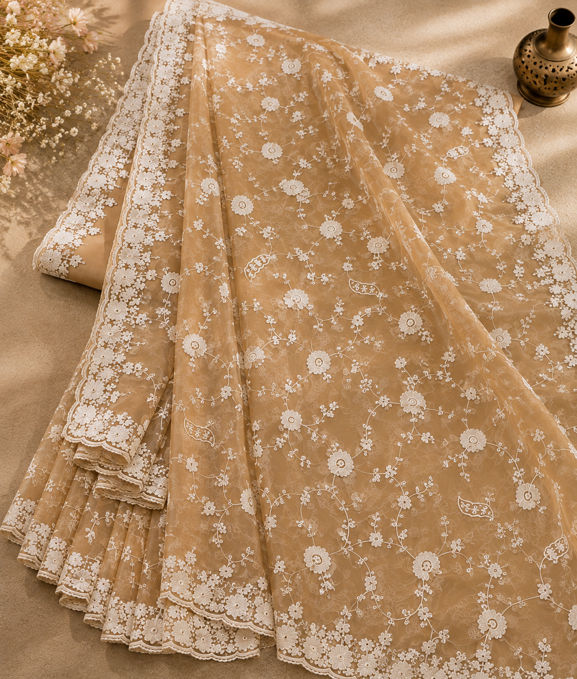 Elegant beige-gold embroidered saree