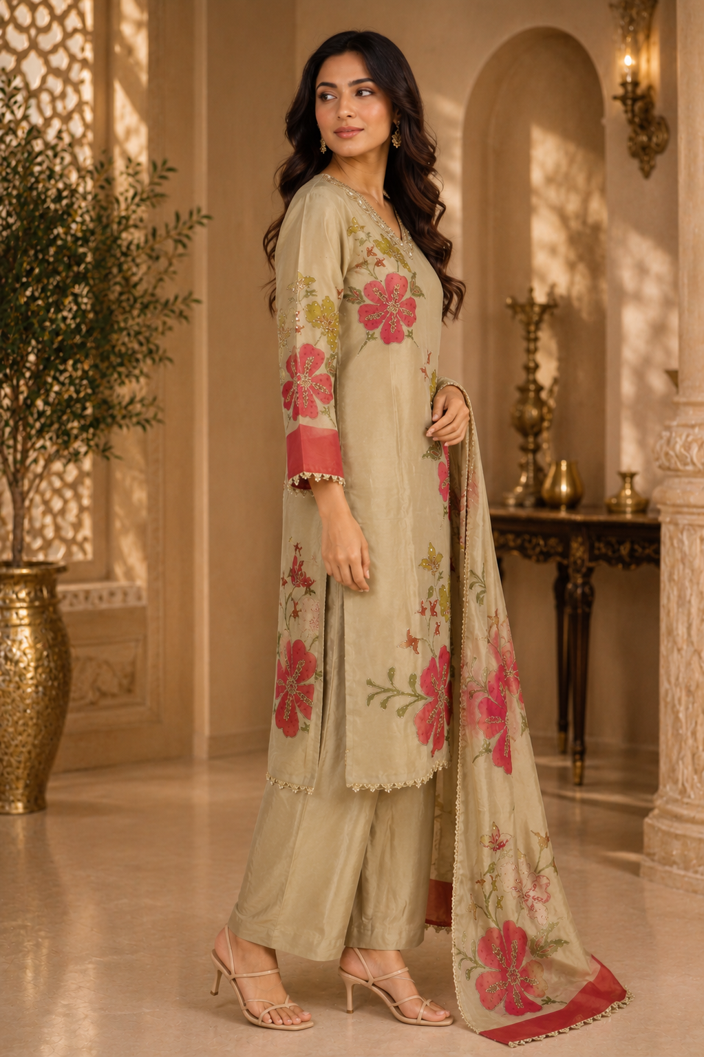 Elegant Beige Floral Kurta Set ✨🌸