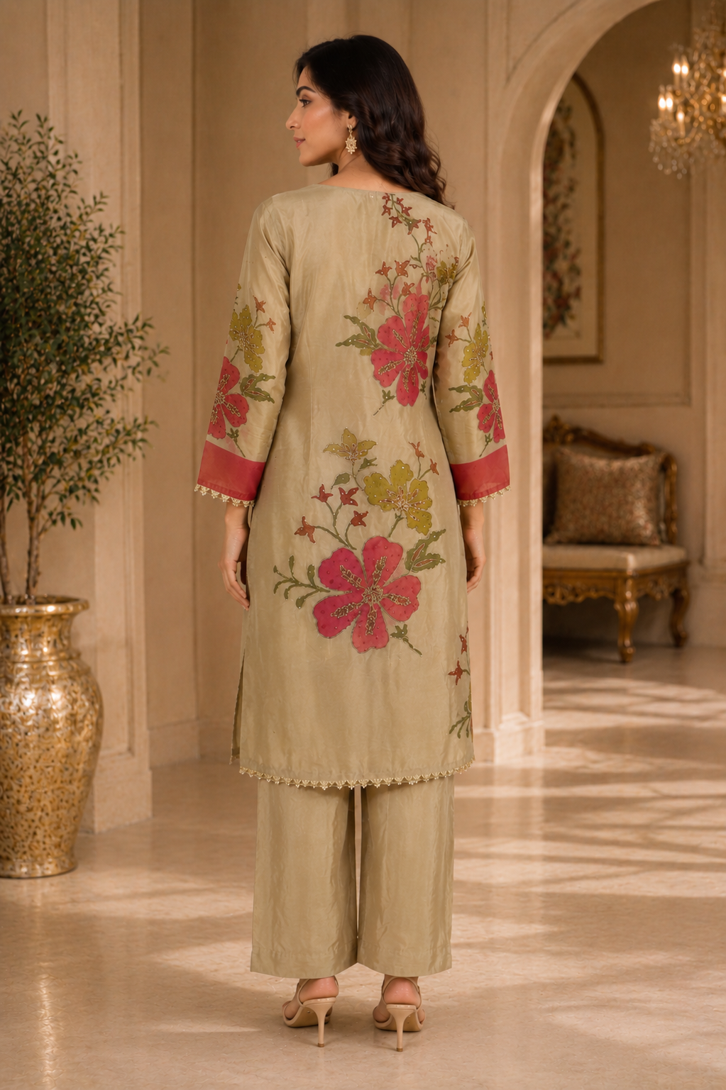 Elegant Beige Floral Kurta Set ✨🌸
