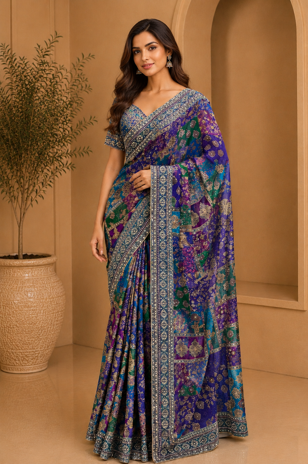 Stunning royal blue and teal designer saree