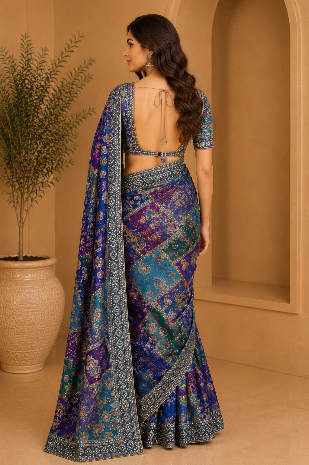 Stunning royal blue and teal designer saree