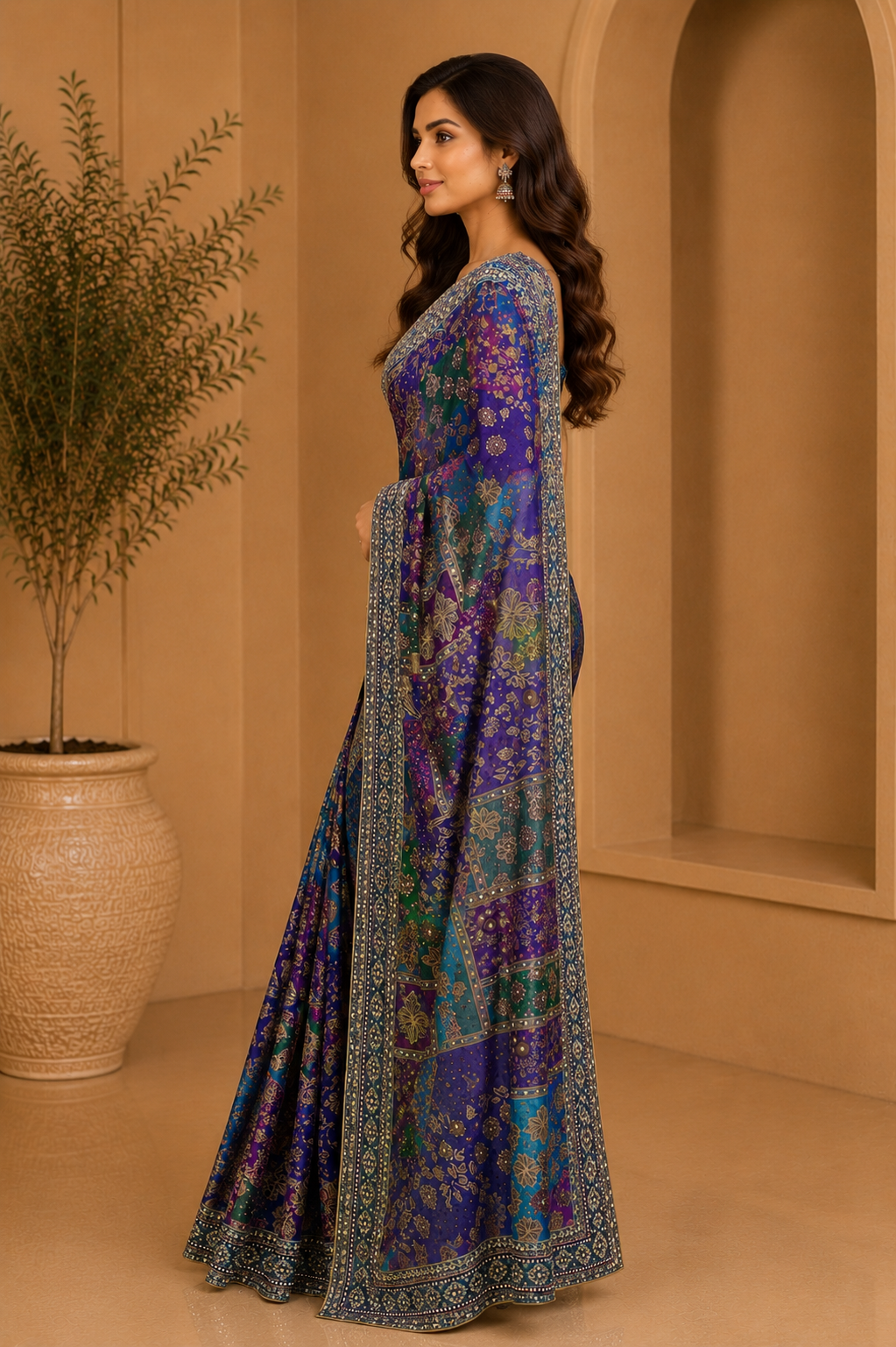 Stunning royal blue and teal designer saree