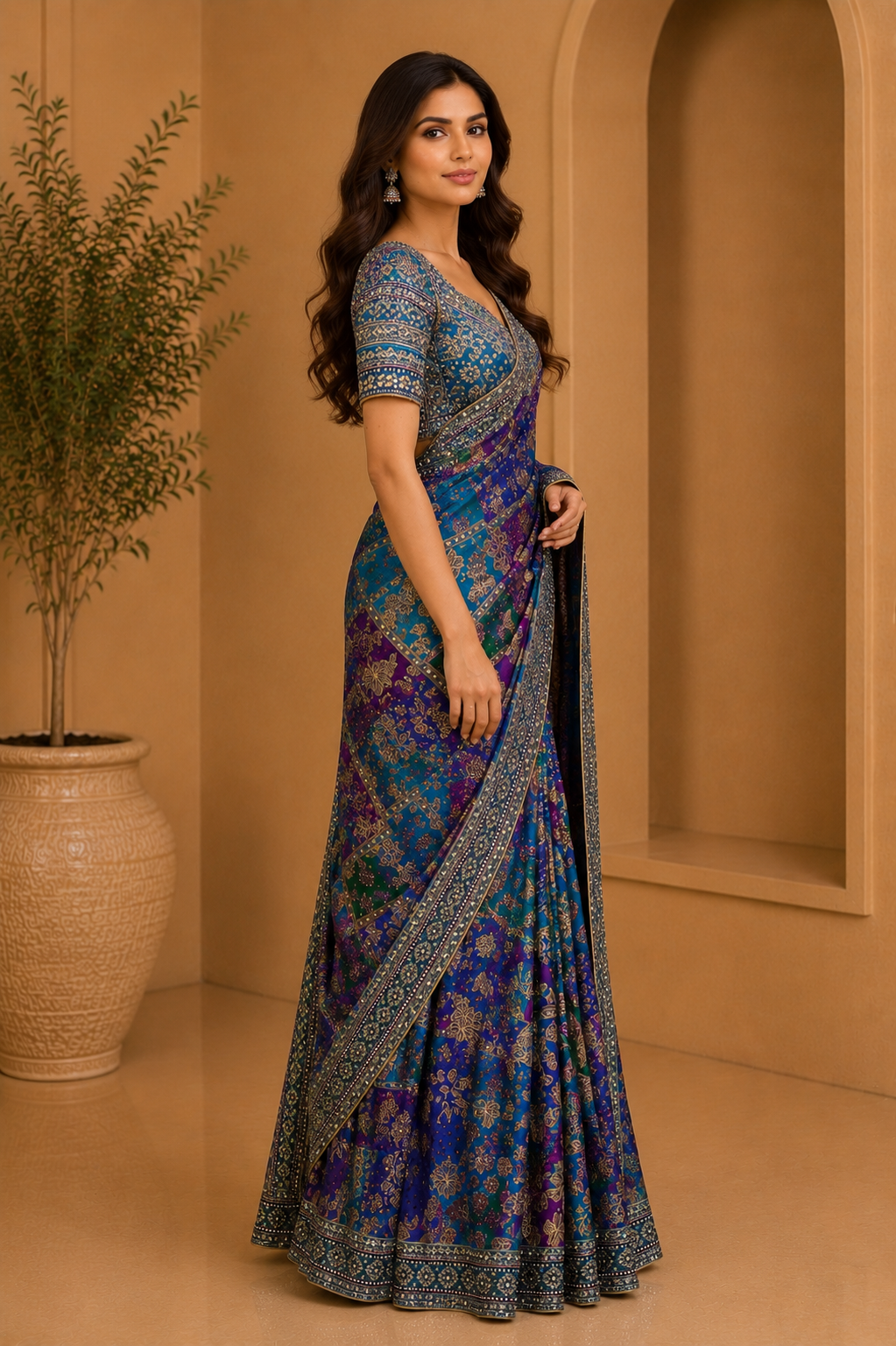 Stunning royal blue and teal designer saree