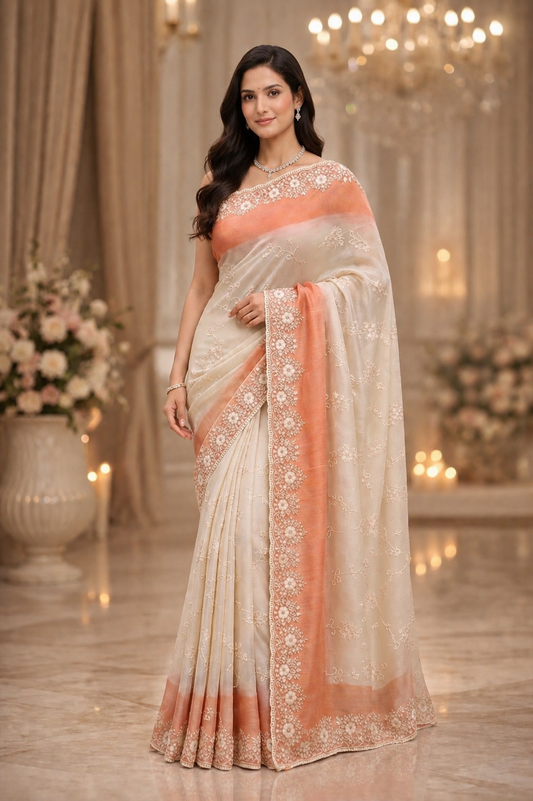 Beautifully crafted ivory and peach designer saree