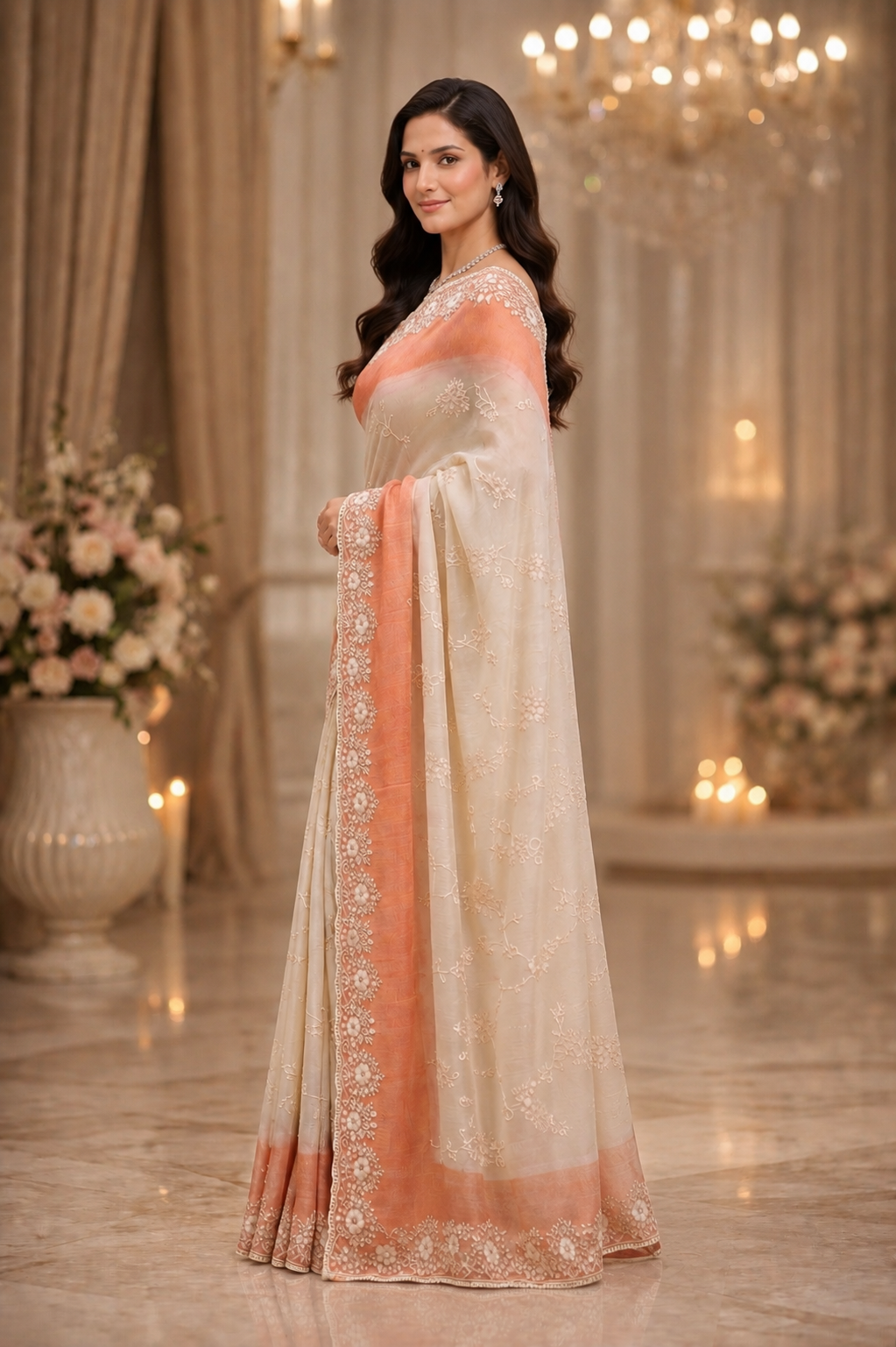 Beautifully crafted ivory and peach designer saree