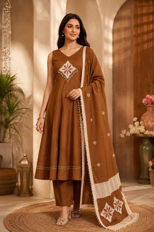 Coffee Brown Embroidered A-Line Kurta Set