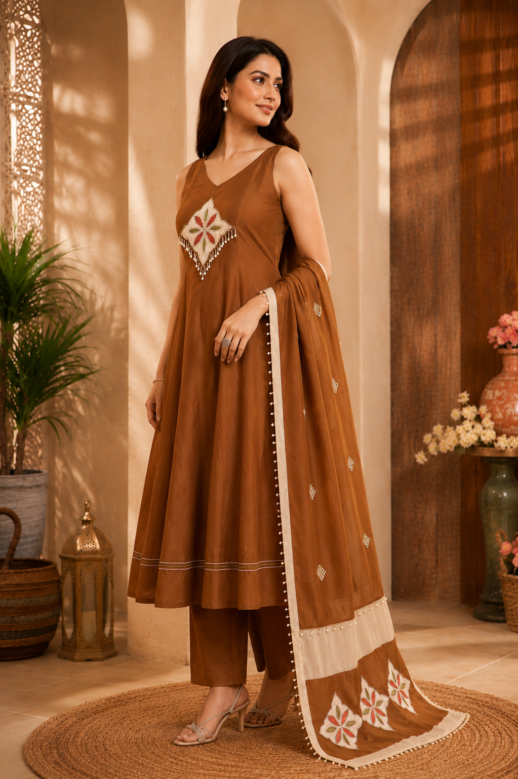 Coffee Brown Embroidered A-Line Kurta Set