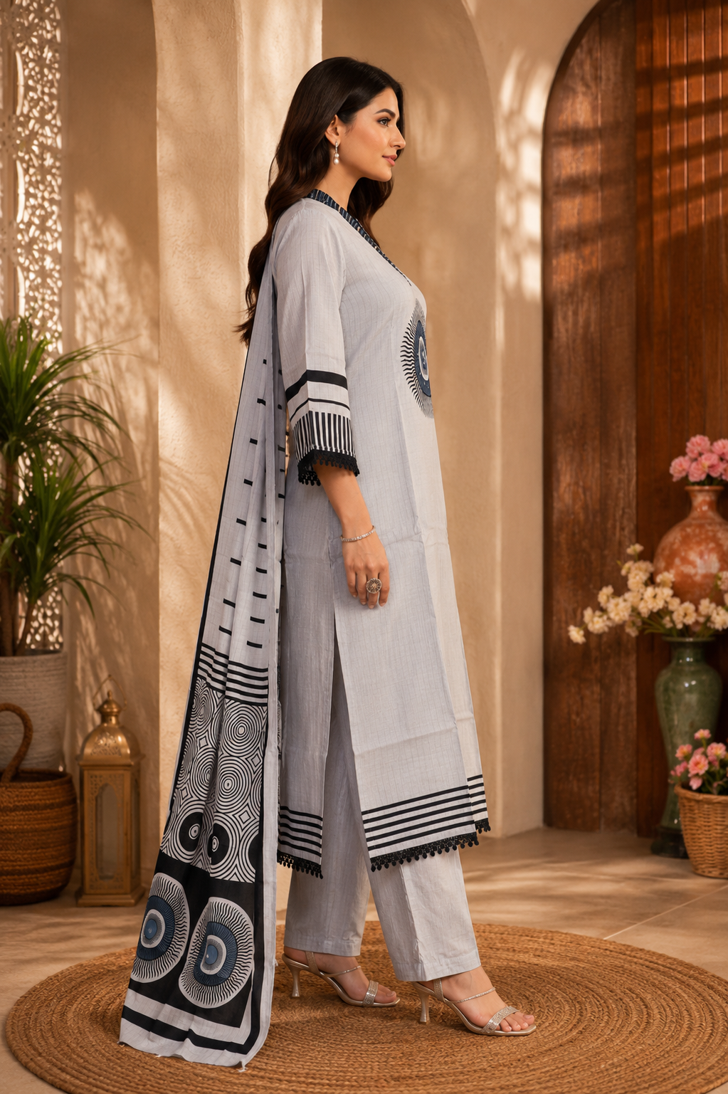 Premium Cotton Printed Kurta Set with Dupatta – Light Grey