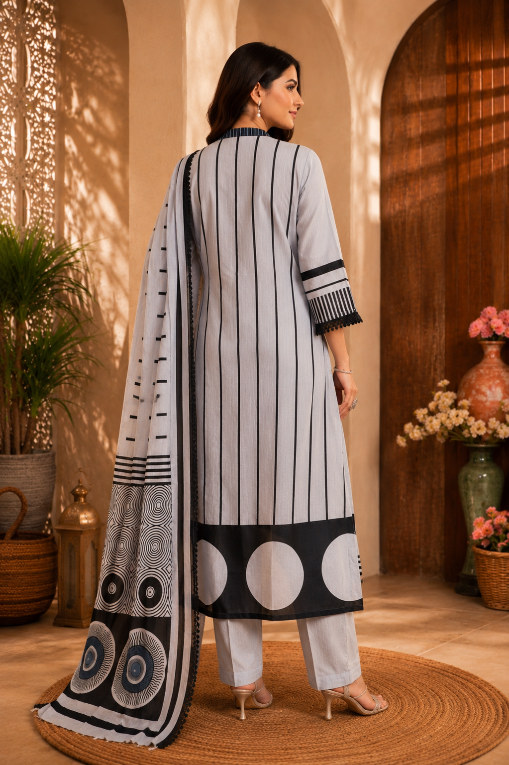 Premium Cotton Printed Kurta Set with Dupatta – Light Grey