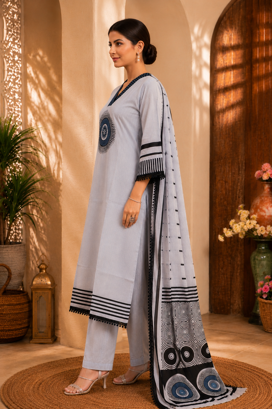 Premium Cotton Printed Kurta Set with Dupatta – Light Grey