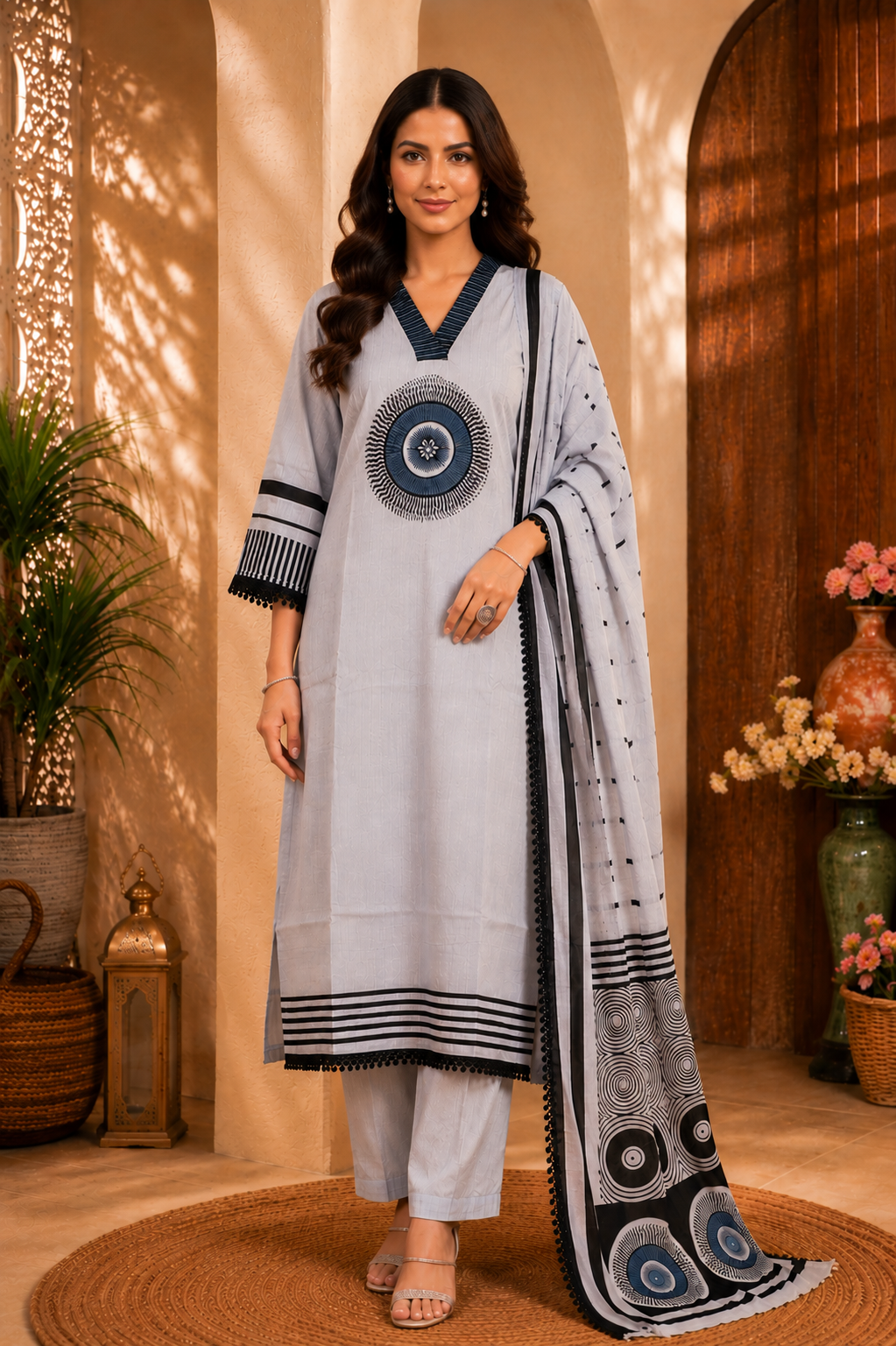 Premium Cotton Printed Kurta Set with Dupatta – Light Grey