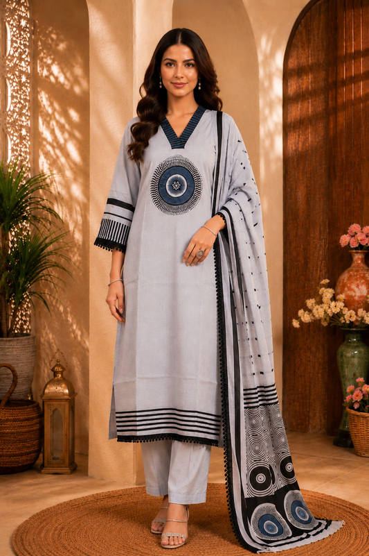 Premium Cotton Printed Kurta Set with Dupatta – Light Grey
