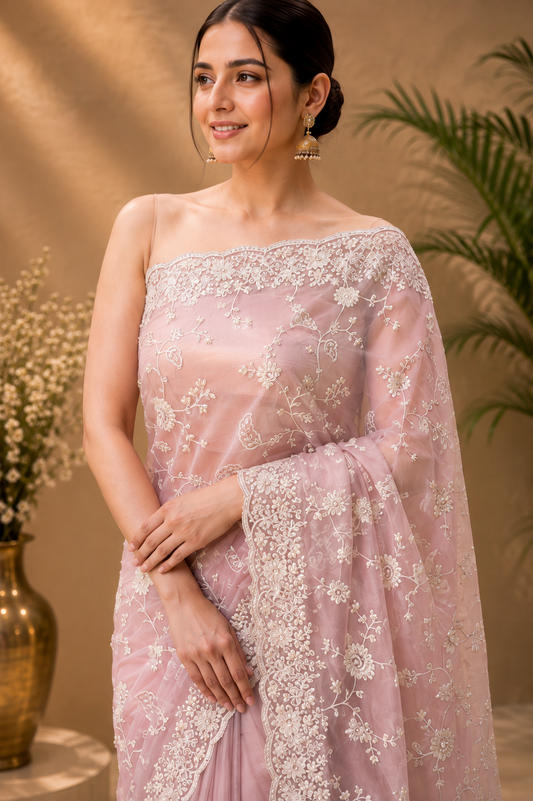 Elegant Blush Pink Embroidered Saree