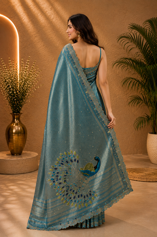 Peacock Elegance – Teal Blue Designer Saree