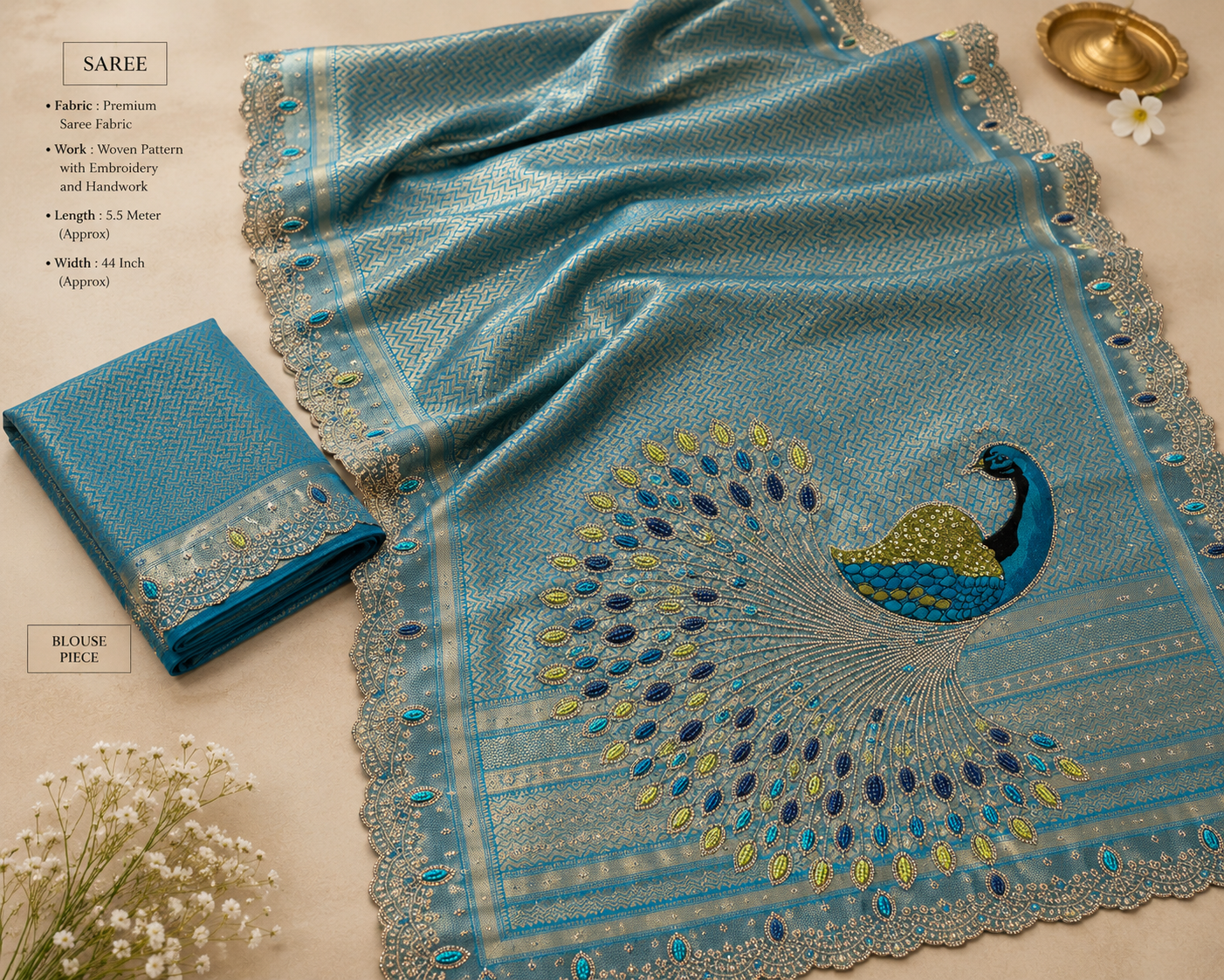 Peacock Elegance – Teal Blue Designer Saree