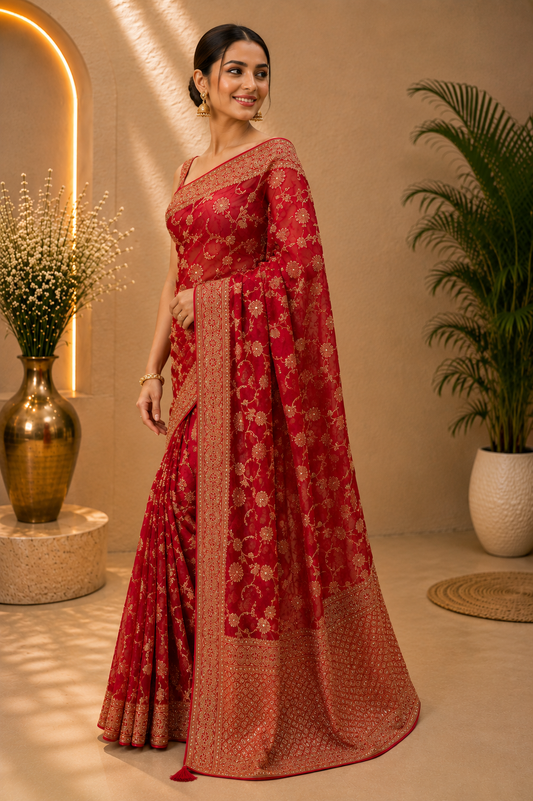 Royal Red Embroidered Designer Saree